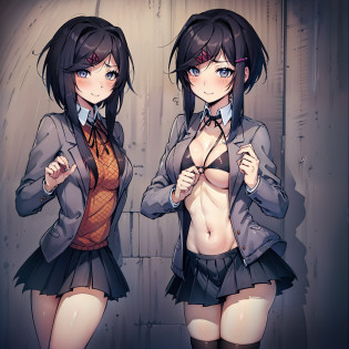 DDLCYURI, HAIR ORNAMENT, HAIRCLIP SKULL, LONG HAIR, (BLACK EYES:1.1), BLACK SHORT HAIR, GRIN, SMILE, BLAZER, BLOUSE, BLUE SKIRT, JACKET, BROWN JACKET, MINISKIRT, NECK RIBBON, RIBBON, SCHOOL UNIFORM, SHIRT, SKIRT, WHITE SHIRT, WING COLLAR, CASUAL CLOTHES, GREY SWEATER, MINISKIRT, PANTS, RIBBED SWEATER, SKIRT, SWEATER, TURTLENECK, TURTLENECK SWEATER, black eyes with eyeliner, puffy black hair scene emo, short emo hair, hair ornament, hair clip, medium boobs, school uniform, jacket, short hair, pleated skirt, skirt, blue skirt, ((blush)), indoors, in a classroom, necklace cross, earrings, emo, scene, fashioncore, black stockings, emo hair, gothic, lip piercing, nasal septum, emo, visual kei, puffy hair, Dark, EMO ACCESSORIES, Emo Haircuts, SEXY, OPEN LEGS, show boobs, show panties, show NSFW