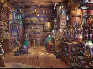 There was a room?There are a lot of things in it, weapon shop interior, fantasy alchemist laboratory, inside an old magical shop, a multidimensional cozy tavern, Inside the fantasy supplier, Steampunk shop, Located in the wizard shop, he is in a alchemist lab, Inside the fantasy potion supplier, tavern background, alchemy laboratory, magical fantasy 2 d concept art