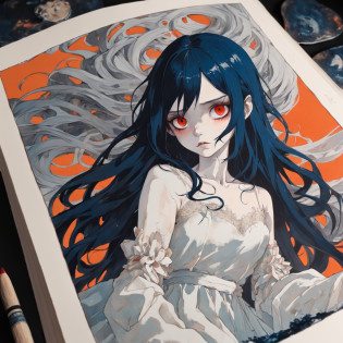 kristen stwart look alike, deep dark blue hair, long hair, red eyes, polaroid picture, girl picture on a book, orange, Doll. white lace dress, In the style of Adrian Ghenie, Esao Andrews, Jenny Saville, Edward Hopper, surrealism, Dark Art par James Jean, Takato Yamamoto, Minimalisme inkpunk. Dans le style Tim Burton. Dans le style Addams Family. Dans le style Corpse Bride.