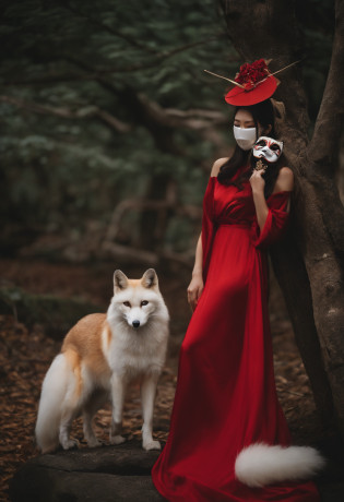a woman in a red dress holding a mask in her hand, with kitsune mask, wearing a kitsune mask, kitsune mask, kitsune mask on head, inspired by Elsa Bleda, geisha mask, wearing noh theatre mask, wearing a noh theatre mask, broken mask, wearing mask, takato yamamoto aesthetic, inspired by Ayako Rokkaku