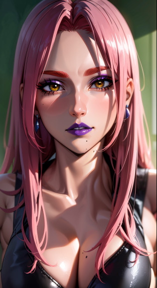 (masterpiece, highres, best quality:1.3), 8K, highly detailed, intricate, colorful, vibrant image, sharp focus, digital blending, 4K, trending on pixiv Ingrid, ((helloutfit)), solo, mature female, 30yo, milf, curvy, (dark skinned female:1.15), dark skin, posing, classroom, (caring look:1.2), looking at viewer, ((closeup shot, closeup face)), pink hair, very long hair, forehead, hair intakes, purple lipstick, makeup, mole under mouth, yellow eyes, perfect eyes, perfect face, ultra detailed hair, ultra detailed face, earrings, ultra detailed lips, ultra detailed lipstick,