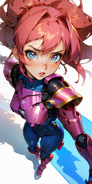 Octane Rendering,full view,8k --niji 5, (best quality, masterpiece, ultra-realistic), portrait of 1 beautiful girl, (head to toe full body image), 1girls, solo, (Bubblegum Crisis style body armor: 2.0), (Knight Saber body armor), female shape, robotic exoskeleton, sleek design, futuristic, late 90's anime style, smooth lines, powered exoskeleton, extremely stylized, deviant art, masterpiece, highly detailed, detailed eyes, expressive detailed eyes, detailed pupils, futuristic, blush, small breasts, lots of freckles, super textured detailed skin, entire body image, full body shot, Bubblegum Crash anime,