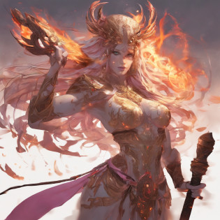 Djinni creature beautiful woman fire and brimstone around comes from the ether porcelain face perfect golden eye perfect eyes long eyelashes small pink breasts hard and soft pink beaks protruding adornments golden fire hair golden fire adornments long and long golden fire sandal golden fire dress beautiful fire adornments long golden fire and long fabric thin and glued to the body