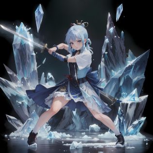 masterpiece, best quality, 1girl, weapon, kamisato ayaka, white pantyhose, batt\u014djutsuswing, sword, (holding sheath,:1.2)  ice crystal, looking at viewer, blue dress <lora:Battojutsu5:0.3> <lora:kamisato ayaka:0.6>