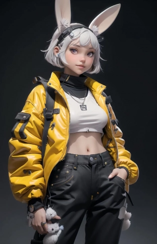 a nijigirl with bunny - ears <lora:nijilorabunny:0. 75>wearing techwear jacket and jeans, milky bob cut, big warm smile, (surprised face), a huge diamond necklace, posing, big beautiful cobalt ODD eyes, large breasts, carrying a backpack, very detailed
