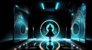 Square indoor space, secret room, immersive indoor horror theme, blood, escape room, holographic, projection, LED, maze, digital immersive indoor space, characters, decryption, exploration, detail, high precision, ground projection, lines, riddles, a girl, a boy, the ground has a maze pattern, the top is mirror, reflection, there is a sci-fi holographic avatar on the wall, haunted house, inception, distortion, spatial transformation, specular reflection, complex patterns, holographic transparent glass, Chinese character symbols, Taoism, yin and yang, transparent suspended horror face,