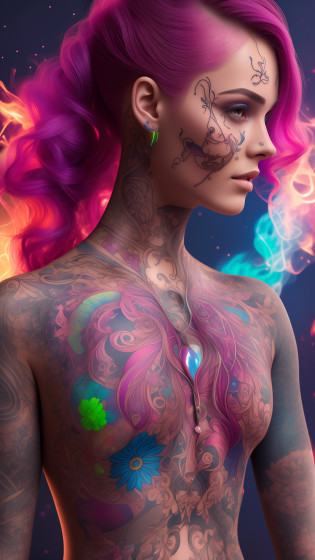 (style of richard deacon), formal wear  android,1girl,a  beautiful girl in a colourful dress with colourful intricate tattoos surrounded by colourful patterns,(Luminous burning hair:1.2),  realistic fantasy, extremely detailed and beautiful , 8 k resolution,