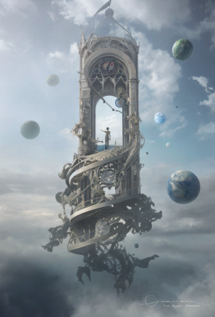 There is a clock tower in the sky with many different objects, surrealist concept art, intricate epic compositions, fantasy surrealism, extravagant matte paintings, highly detailed surreal visual effects, surreal + highly detailed, surreal 3D rendering, fantastic surrealism, surrealist matte paintings, fantasy architecture, exquisite matte paintings, surrealist digital artworks, complex matte paintings, surrealist designs, surrealist 8k planet magnification, Twenty changed to one