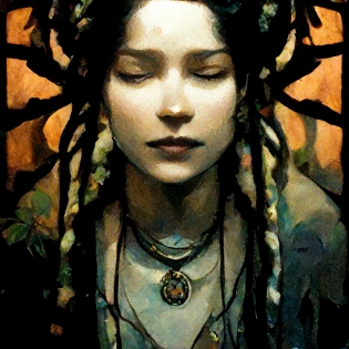 earth goddess steel grey skin woven steel dreadlocks ambient light alphonse mucha