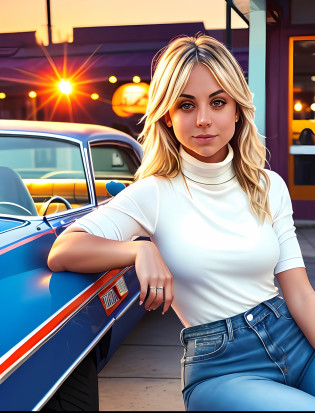 Kaley Couco, sitting on vintage car infront of a 90's diner at sunset, far long distance cinmetaic shot, wearing white turtle neck shirt, and jeans, holding a cola,