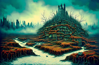 This horror art illustration features a hyper-detailed, mythical landscape viewed from a wide angle top-down perspective. The scene depicts a chaotic urban city surrounded by thorns and a polluted river leading to a morbid waterfall. The sky is filled with polluted madness, adding to the eerie and haunting atmosphere of the piece. The artwork was created through a collaboration between artists Michael Whelan, Dan Seagrave, and Marcos Miller, showcasing their combined skill in the production of surrealistic and horror elements. The intricate details throughout the artwork make it a hyper-detailed and haunting portrayal of a polluted and dystopian world.