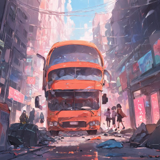 Real bus?On the street?Crash?disaster?Fragmentation?disintegration?Overturned?Realistic background?Background�of�details