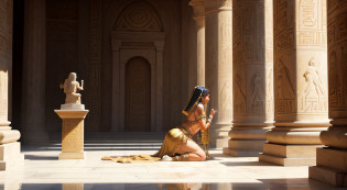 Cleopatra dressed in rich priestly garb, compostos por tecidos leves em tons de branco e dourado, adorned with Egyptian religious symbols and subtle hieroglyphics. The scene takes place in an ancient Egyptian temple with walls decorated by hieroglyphics and divine reliefs, with a polished marble floor. Cleopatra is kneeling before an altar where a statue of an Egyptian deity, like Isis or Osiris, repousa. The altar is covered with offerings of fresh flowers, frutas e incenso queimando, enquanto velas acesas iluminam o ambiente. Cleopatra holds a lit incense stick, with the smoke spiraling upward, and his gaze reflects reverence and devotion to divinity. The lighting is soft, com raios de luz dourada filtrando-se pelas aberturas no teto do templo, creating a serene and mystical atmosphere. Two priests in Cleopatra-like costumes observe the ritual in the background, next to a large ceramic jug containing purifying water.