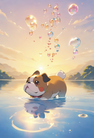 A touching scene in ultra-high definition 3D showcasing  Bulldog making a wish beside a tranquil lake.  Bulldog, beautifully rendered in detail, is seen gently blowing bubbles into the air, each one carrying a hopeful wish. The bubbles catch the reflection of the setting sun, creating a dreamy, magical effect. The overall atmosphere is tender, filled with hope and serenity