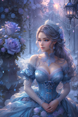 This is realistic (((fantasy))) artwork set in the frozen blue rose garden of an enchanted ice castle in winter and should consist of many shades of cold blue colors. It is snowing heavily. Generate a proud woman with a (((highly detailed face))) dressed in the billowing folds of a stunning French silk ballgown. The woman's elegant face is ((((highly detailed, with realistic features and soft, puffy lips.)))) The ballgown is embellished with ruffles, sashes, and bows and a delicately, but intricately, hand-embroidered bodice. The corset features silk ribbon. She is wearing Victorian royal winter outer clothes. The woman's stunning eyes are beautifully detailed, featuring realistic shading and multiple colors, and in high resolution. The woman is in a garden of eternal roses, each one beautifully formed and highly detailed. These realistic blue roses feature shimmering shades of light blue, dark blue, silver, and glimmering blue-purple. The eternal rose is a deep shade of periwinkle with shimmering iridescent overtones and undertones. Ensure that the woman's face, hair, and eyes are perfect. realism, high fantasy, whimsical fantasy, storybook fantasy, fairytale fantasy, fantasy details, enchanting, bewitching, 8k, hires, CGI, digital painting, unity, unreal engine, (((masterpiece))), intricate, elegant, highly detailed, majestic, digital photography, art by artgerm and ruan jia and Greg Rutkowski, (masterpiece, finely detailed beautiful eyes: 1.2), hdr, realistic skin texture, (((1woman))), (((solo))), Include a highly detailed face, extremely detailed face, and interesting background.