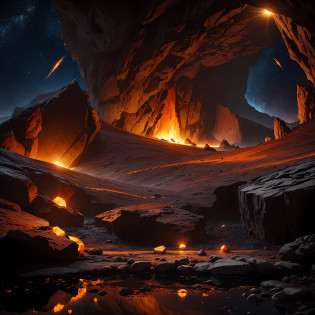 Extensive landscape ultrasound photography (general view, which shows the stone vault of the cave), (detailed description of the cave), solidified lava (in detail), stalactites (in detail), stalagmites (in detail), as well as helicates (in detail), lake (in detail), mercury on the surface of the lake, reflection of the full moon of shooting stars on the surface of the lake, the burning surface of the lake, elves (1: 3), moths (1: 3), fireflies (1: 3), (ultra-detailed description of appearance), burning crystals (crystals: 1,2),  reflection on the surface of mercury, burning stones, (falling stones: 0.9), (fire: 1.3), crystals, fire stones, lava, mercury, cave BREAK production art, (cold light source:1.2), (Firefly:1.2), fire particles, dark, red, yellow and orange, complex details, volumetric lighting, realistic fantasy BREAK (masterpiece:1.2), (best quality), 4k, ultra-detailed, (dynamic composition: 1.4), highly detailed, colorful details, (gloomy colors:  1.2), (luminous lighting, atmospheric lighting), gloomy, dark, magical, (solo: 1.2) --auto --s2