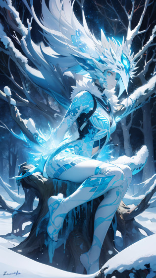 absurds?High res?ultra Detailed?official arts??? 8k ???ultra Detailed?Beauty and aesthetics?master masterpiece?best best quality??zentangle?Ice and snow?Tangles?Entanglement???s fractal art?1.3??PhotoRealistic??master masterpiece?top quality?best best quality?official arts?Beauty and aesthetics?1.2??Very Detail?s fractal art?variegated?most details?zentangle??Abstract Background?1.5??1boy?1.3??Kamimei??Glowing blue eyes??Enigmatic?(MAGIC)?((Sit on a tree))?Ice and snow