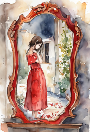 Anime girl in a red dress looking in a mirror, Imagen emocional, Pintura triste emocional, con un espejo, Looking in a mirror, Hugging, looking in the mirror, , looking in the mirror, , looking in the mirror, autorretrato!!!, una imagen, por Lizzy Ansingh, What depression looks like, por Maryam Hashemi