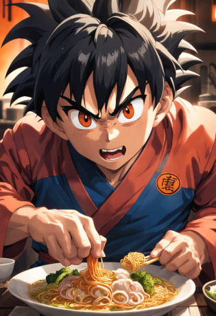 Dragon bola goku?Grande macaco, retrato de corpo inteiro?de um real?Facial features are carefully described?textura de pele realista?Estilo escuro?profundidade de campos?Luz alta?luz real?Traching de raias?oc renderizado?hyper-realistic?melhor qualidade?8k?Obras de mestres?super-fino?pelos pubianos detalhados?anatomia correta?sharp focus on eyes?Facial features are carefully described. Goku enjoying Chinese noodles in a restaurant