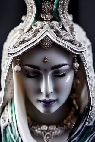 highly detailed marble and jade sculpture of a female necromancer, volumetric fog, Hyperrealism, breathtaking, ultra realistic, unreal engine, ultra detailed, cyber background, Hyperrealism, cinematic lighting, highly detailed, breathtaking , photography, stunning environment, wide-angle, [cgi, 3d, doll, octane, render, bad anatomy, blurry, fuzzy, extra arms, extra fingers, poorly drawn hands, disfigured, tiling, deformed, mutated]