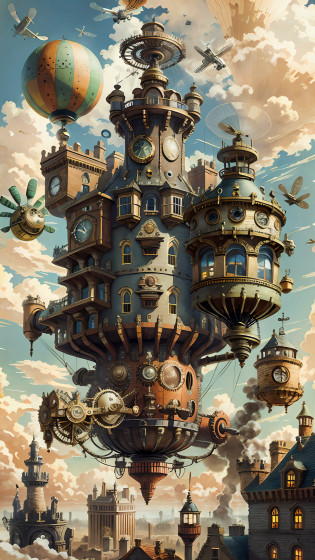 SteamPunkAI, Cogpunk helicopter, city castle, steampunk