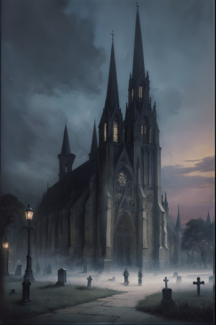 There is a painting of a Gothic church , gothic atmosphere, Dark Gothic cathedral, Gothic painting, cathedral, Gothic art, neo-gothic concept, Gothic Cathedral, Neo-Gothic art, with a cathedral background, Gothic church background, Gothic Fog, Detailed 3D Gothic Oil Painting, stefan koidl inspired, Dark Dark Church, gothic fantasy art, gothic art style,2boy,ride a bicycle