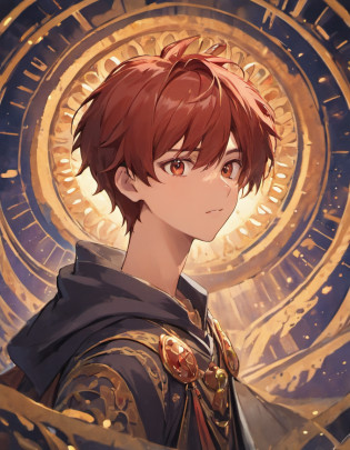 1boy, shaggy red hair, brown eyes, 17 years old, Ajan adventurer style fantasy outfit, Exquisitely crafted hair ornament, unfriendly face, feng shui board background, magic circle with exquisite patterns, astronomical rings, astrology, masterpiece, best quality, ultra-detailed, fine detailed