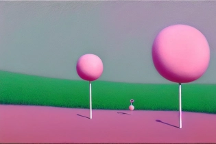 futuristic pastel pink , silver, and green, lollipop landscape, Shaun tan