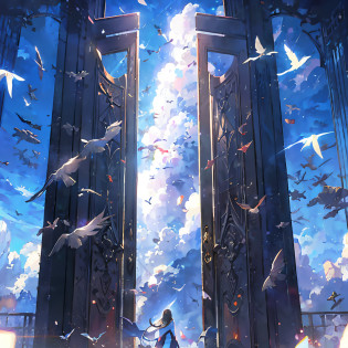There was a woman standing in the doorway?Birds fly around, heaven gate, heaven gate, heaven gate, Beautiful anime scene, heaven gate, magic portal in the sky, doves flying into the portal, anime beautiful peace scene, anime epic artwork, makoto shinkai cyril rolando, anime clouds, Anime background, beautiful anime artwork