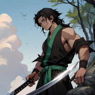 ((best quality)), ((ultradetailed)), ((masterpiece)), best quality (katana: 1.4), serious,(at night: 1.4), a 15-year-old who has his hair in black, long that is loose in the wind, his hair is continuous and poured down his body, smooth and shiny, which falls gently to the waist. Your hair is thick and has a healthy appearance, your hair is large and not stuck, contrasting with your fair skin. The young man's eyes are emerald green, and are deep, expressive, and intense like two clear pearls. They reflect calm and an inquisitive curiosity. He has a big smile on his face and a watchful eye. With his upright posture, the young man shows a confident bearing and a cheerful and hyperactive aura. He wears a black and green printed kimono with brown, sleeveless cloud-shaped details made of a quality fabric. giving him the look of a swordsman. At his waist, he carries a white katana with gray details on the blade. The long, sharp blade is made of polished steel, its coloration is white, and it is reflecting light. The scabbard of the sword adorned with demonic symbols. He's on a rocky mountain feeling the wind. He has a cheerful face. He has a large torn brown scarf around his neck. The trees sway in the background. Kimetsu no Yaiba style, alone, 1boy, demon slayer style, loose hair, petulant look, smiling, confident, only 1, spilled hair, loose and big hair, demon slayer artstyle