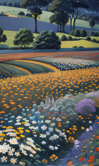 There is a painting of a flower field?Trees in the background, Hasselblassel-Kwas, flower  field, in a field of flowers, author?Charles Kinner, an aesthetic field of flowers, flower  field, field of flowers at night, author?Hasui Kawase, wild flowers field, inspired by Charles Ginner, flower  field, Peter Scoutorp
