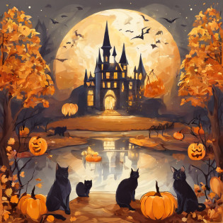 monochrome, Stitching style?halloween?pumpkins, candy?tiling, pattern, symmetrical, exact pattern, witch, witchcraft, broomstick, night moon, bats, black cat, symmetrical. monochromatic ,grainy ,noise effect, yellow leaves, autumn.