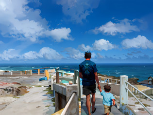 there is a man and a child walking up a ramp, looking at the ocean, looking out at the ocean, looking out over the sea, the ocean in the background, standing beside the ocean, gazing off into the horizon, overlooking the ocean, looking into the horizon, near a jetty, looking onto the horizon, ocean in the background, view of the ocean