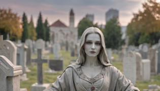 Cinema Lens?Large panoramic shots?The close-up view is a cemetery?White tombstones are erected here?Under the distant mountains?There are colorful lights and shadows of a cyberpunk-style futuristic city?There is a faint light at night?tall young man?Silently bow your head in front of the tombstone?The scale is 16:9