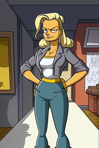 Still image of Margot Robbie from The Simpsons drawn by Matt Groening, still image from The Simpsons full body view, 2D, action pose, cinematic, epic, background that fits the character, cinematic rim lighting, color graded, light shading, highly detailed, 4k, colorful, --ar 2:3 --q 2 --v 4