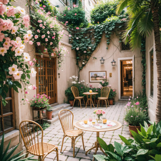 The courtyard is like a fairy tale and blends Thai flair with girly romance. A path full of pink flowers leads to a special corner where a gorgeous rattan chair and a lovely round table create a dream refreshment time for you. The courtyard is surrounded by colorful flowers, each of which exudes a sweet fragrance. In this childlike and romantic courtyard, create memories with friends or lovers! ?masterpiece, best quality?8k, ultra highres?