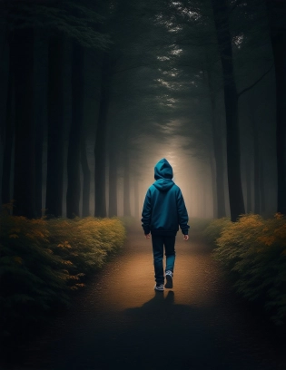Create a image of boy who is wearing hoodie and trouser walking in a Concurrent path in a evening time and the both sides of the Concurrent path are filled with trees , hyperrealistic, full shot image, photography, 4k