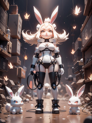 (Machinary?edgBunny:1.331)?(Mechanical rabbit tail)?cute-style?Little big breasts??big headed?Lava ejector?3Drenderingof?((Q version))?Pok�mon style?Machine style?Cinematic texture?Figures?Pok�mon??????Heavy robotic arm?Mechanical belly?mechanical leg?Mechanical feet?mechanical sense?Hold your car charging cable?The background surrounds lightning?salama?cruel?Clean white background?Ray traching?Premium color?Full body 3D model?action?Stylish blind box toy?(fill body:1.2)?chibi