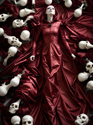 vogue photography, Close-up of a woman in a red dress surrounded by a white mask, grayscale phtoto with red dress, the red queen, poster shot, flora borsi, stunning art, Susperia, erwin olaf, Grayscale photo with red dress, Red monochrome, with a crown of skulls, by Galen Dara, crimson themed, dress made of bones, folding if fabrics, Delicate texture, Creepy!!, ((Alexander McQueen fashion collection, Alexander McQueen costume, high-end fashion, Fashion artwork)), Works of the House of Margiela, rei kawakubo artwork, Melter and Marcus fashion photography, Fashion photography by Steven Klein, m/m fashion photography, Fashion photography by Anne Danielo, Works by Damian Hirst, Works by Vanessa Bicroft, Spooky beautiful fashion art photos, Extremely detailed, Precisionist, elaborate, precision, Refined, Delicate, Exquisite, Meticulous, intriguing, Sophisticated, Complexity, High quality, High-res, 8K