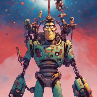 evang, post-apocalyptic buzz lightyear from toy story, symmetrical eyes, hyper detailed concept art by Hayo Miyazaki dynamic pose, bokeh, rim lighting

* I also used image to image to get the overall body position