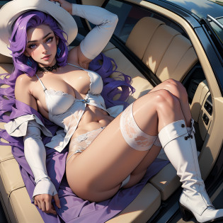raridade, Rarity of my little pony, Raridade na forma de uma menina, cabelos longos, Cabelos exuberantes, cabelo roxo, cabelos cacheados, Comprimento total, best quality, Very detailed, ultra 8k resolution, medium breasts, Seios exuberantes, seios volumosos, seios firmes, cinco dedos, detailed hands, cara feliz, corar, suar, molhado com suor, white knee-high boots, olhos azuis, white underwear,  Cidade de Paris, Torre Eiffel, big white hat, France, ruas de Paris, carro Rolls royce, underwear, deitado no carro, pernas afastadas, nu, Top view, Lying on the hood of the car, lingerie de renda, nudez