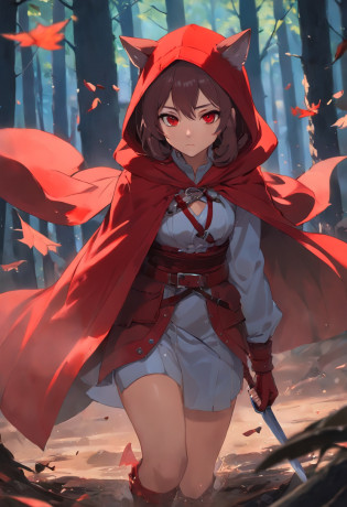 That beautiful Little Red Riding Hood?Little Red Riding Hood floats in the air with a cold expression?She looked 12 or 13 years old?complexion is pale?Tall and tall?cold and glamorous?Full of wildness?Her hood?The shawl was bright red as blood?Under her shawl?It is a linen power suit with a bundled body..?Has a leather shoulder strap on the chest?Wear a python fur belt around your waist?Pedal Deerskin Boots?Eta?What fits this outfit?It was the dagger that shone in the cold light?Hammer and throwing knife... An invisible force bloomed from within her?Form a force field for a perfect circle?The surface of the mud underfoot is semicircular and concave?subtle makeup?prime time?realisticlying?highly contrast?8K HD?A detailed?Hyper-detailing?realistic skin textures?Cover the red hood?Large cleavage?best qualtiy??A high resolution?RAW photogr?dramatic  lighting?unrealengine?diffuse glow?intricate red hood?outside of house?realistic detailed dark forest?leaves falling?light wind??Take the head of a slaughter wolf?dripping blood?