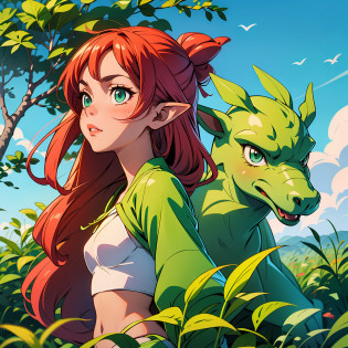 An anime girl, leafa (SAO), aged 16, small breasts and developing body (pink pkmn), green eyes and red hair (leafa SAO), with an elven appearance --auto
