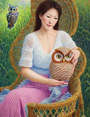 ((best quality)), ((masterpiece)), ((ultra realistic)), ((bright fantasy style)), beautiful intricately detailed soft , a beautyful woman crocheting a beautiful owl macrame, sitting in rattan armchair in a sunny garden, (summer dress), soft facial features, highly detailed, professional, 8k, uhd, soft volumetric lighting, depth of field, film grain, smooth, roughness, real life, soft warm vibrant color palette,