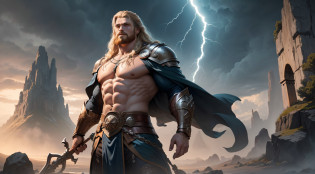 Na imagem fantasiosa de Thor, The mighty Norse god of thunder, vemos uma figura imponente e majestosa, shrouded in an aura of strength and power.

He is pictured standing, with a heroic and confident posture, Holding tightly to his magic hammer, the famous Mj�lnir, In one hand. The hammer is adorned with runic symbols and emits thunderbolts and lightning, representing your ability to control the forces of nature.

O cabelo louro de Thor flui ao vento, and his golden beard adds a touch of wisdom and maturity to his appearance.

He's wearing powerful armor, composta de metal brilhante, that protects you in epic battles against formidable enemies.

Ao seu redor, Thunder and lightning light up the sky, highlighting its connection to storms and atmospheric phenomena.

The scenery is a mountainous and imposing landscape, with dark, dramatic clouds hovering over the horizon, emphasizing his warrior nature and his connection with nature.

Ao fundo, the hall of Valhalla is glimpsed, revealing his divinity and status as one of the main gods of the Norse pantheon.

Behind him, Members of the Heavenly Court and Warriors of the Gods are gathered, in a scene that evokes the grandeur of epic stories and Norse myths.

This fanciful image of Thor personifies his heroic aura and legendary strength, retratando-o como um deus guerreiro, corajoso e nobre. He is depicted as a divine figure whose heroic exploits inspire admiration and respect, while he protects Asgard and his allies against the threats that rise against them.