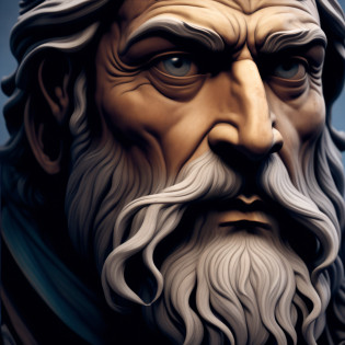 Only the whole face and head in the close image of a bearded man, face with skin colors, epictetus, portrait Zeus, Father Time, Furious God Zeus, Painted Portrait of Zeus, Moses, the God Zeus, Stoic Face, Divine and Stoic, stoicism, incredible resemblance, old wise, Michelangelo ArtStyle, Greek God, epictect face, hyper-realist, Roman God, and his facial expressions have deep sadness and excess thought, colors are silenced and faded, to emphasize the seriousness of the scene. 8K - -Auto - -S2