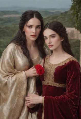 create an extremely sacred scene, scene of sacred union of Mary Magdalene and Jesus Christ, positioned facing each other. Mary Magdalene in a long, red dress with a bouquet of red roses in her hand, containing an elegant golden crown on her head. Jesus is receptive and has a calm look in front of him. master piece, best quality, extremely detailed, Cinematic Lightning, intricate details, high, Official Art, extremely detailed high resolution illustration, 8k, depth of field, realism, couple, holy union of Jesus and Mary Magdalene, Mary Magdalene with black hair and ruby ??eyes, long black hair, deep ruby ??eyes, beautiful sacred landscape, Sacred and golden temple scenery, full body, one looking at each other, full body