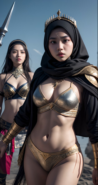 Craft an epic digital portrait where three Malay girls in hijab portray powerful warrior queens, united in their beauty and determination, against the backdrop of a mythical, dramatic battlefield