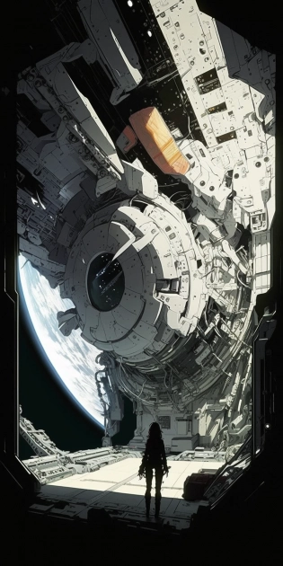 Inside spaceship, Tsutomu Nihei style, Sidonia no Kishi, gigantism, laser generator, multi-story space, futuristic style, Sci-fi, hyper detailed, laser in the center, laser from the sky, energy clots, acceleration, light flash, speed, anime, Drawing, 8K, HD, Super-Resolution, manga graphics --q 2 --ar 1:2