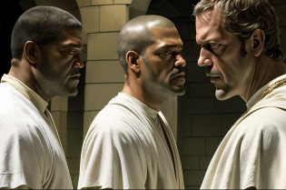 there are two people arguing, (((laurence fishburne))), (((Hugh Laurie))) , (((dressed in biblical times clothes))), black bald man, dressed in white, arguing with evil looking Hugh Laurie, (hugh laurie with white biblical clothes), (Hugh Laurie and laurence fishburne arguing), ((extreme closeup)), (close up)